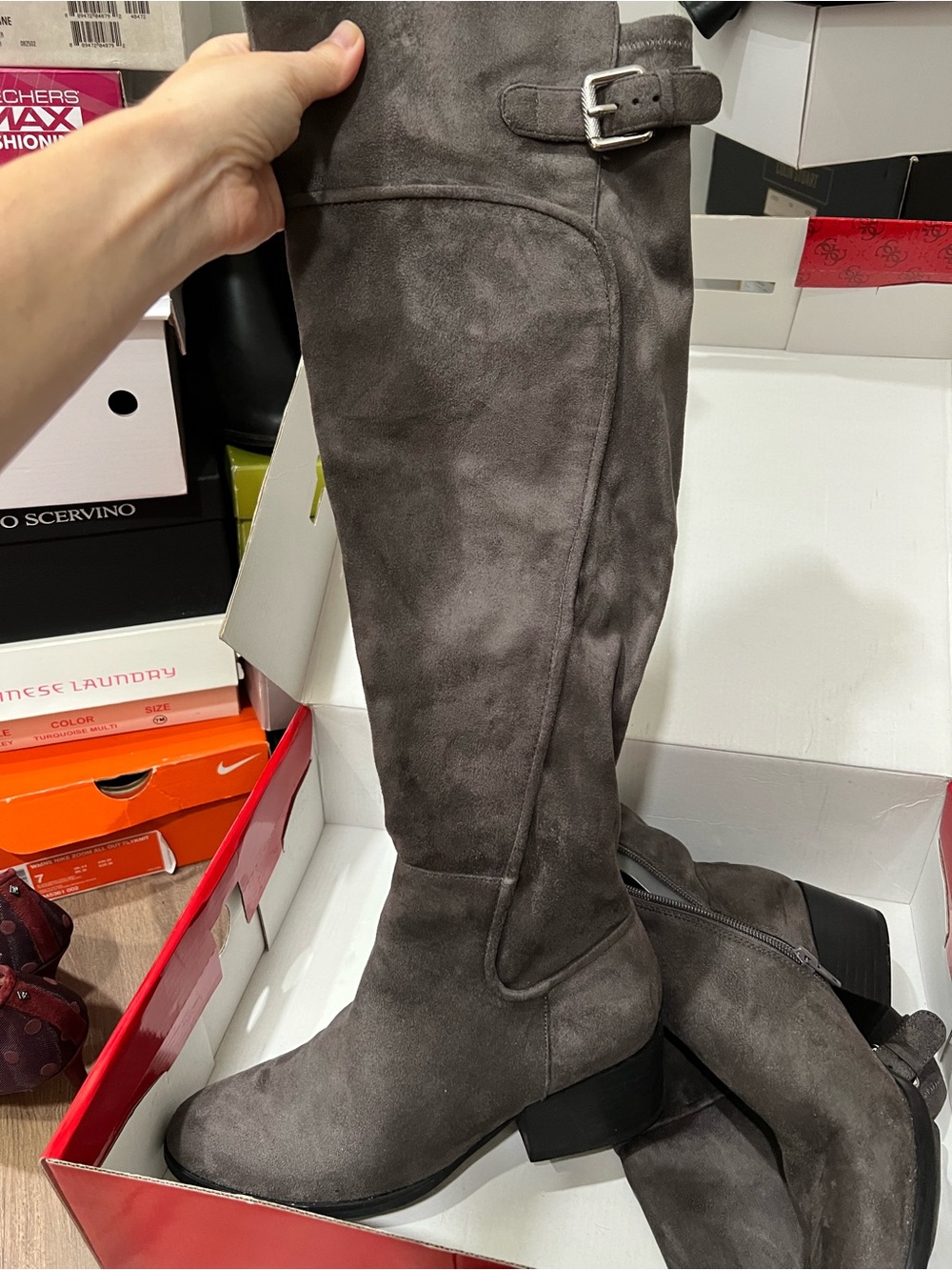 G by Guess Tall Suede Over-the-Knee Boots in Gray with Buckle